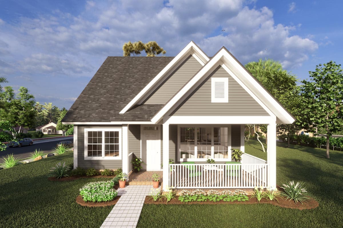 House plan exterior. One-story house with a gabled roof, front porch with white railing, and decorative gables above the front windows.