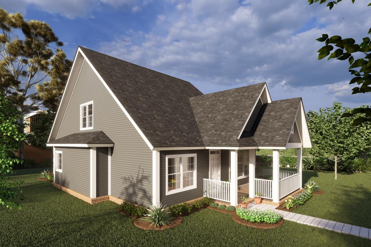 House plan exterior: Craftsman style, one-story with covered front porch, gables, and dormers.