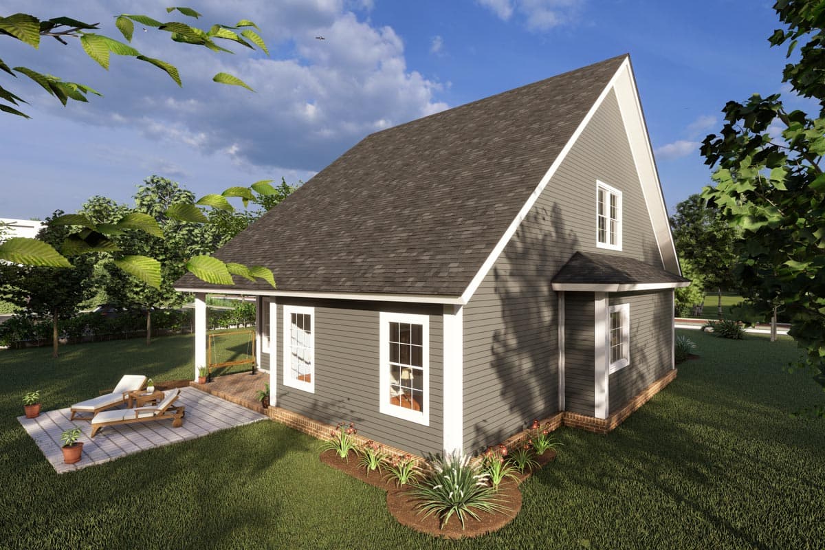 House plan exterior: two-story dwelling with a gabled roof, covered porch with swing, and multiple dormer windows.
