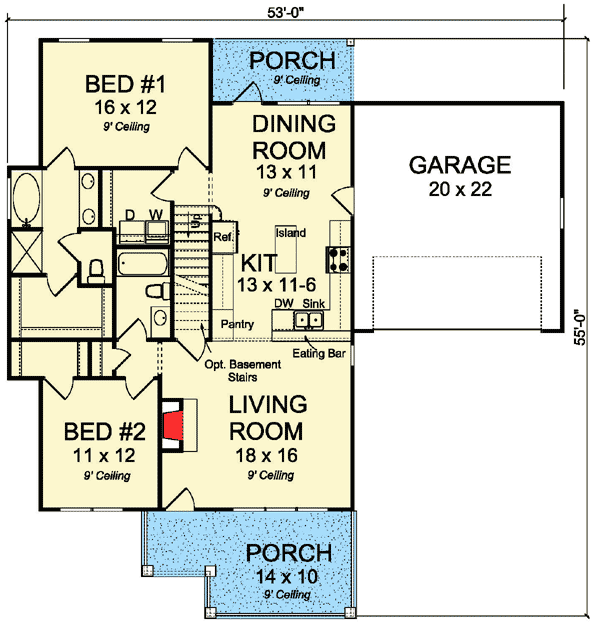 Plan 52241WM: Four Bedroom Country House Plan with 2-Car Garage - 1940 Sq Ft - Floor Plan - Main Level - Cottage, Country, Traditional