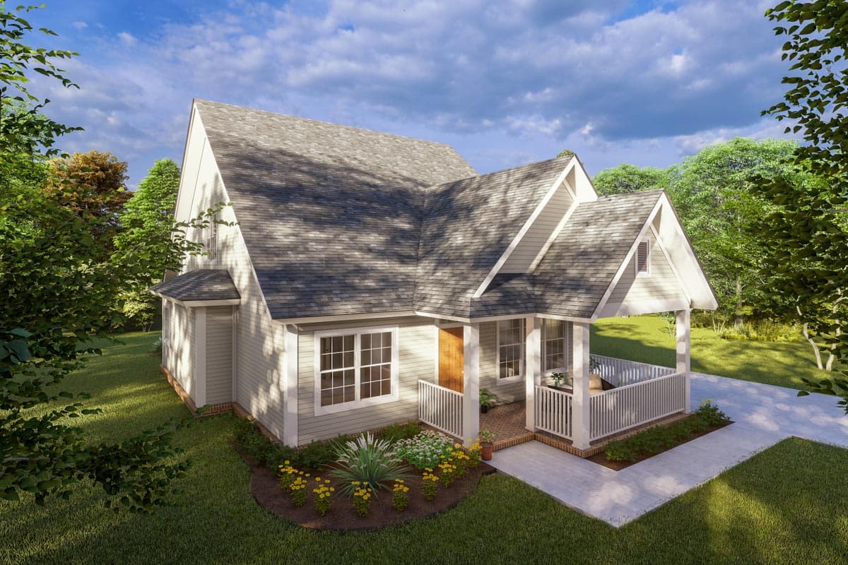 House plan exterior. One-story Cottage style home with gabled roof, front porch, and dormer window. Features include board and batten siding.