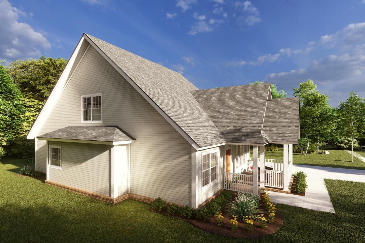 House plan exterior view: Two-story house with a prominent gable, intersecting rooflines, and a wraparound porch with white railing.