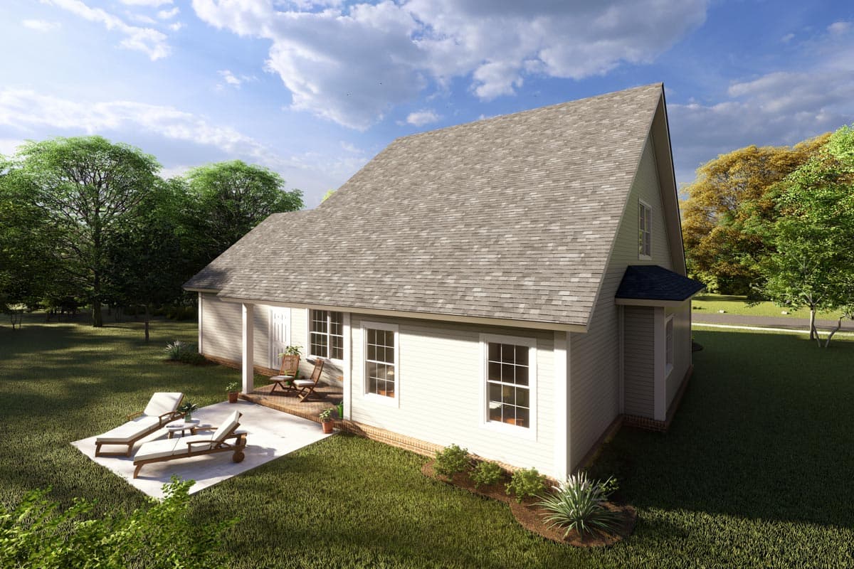 House plan exterior rendering of a two-story home with a prominent gable roof, covered porch, and patio with lounge chairs.