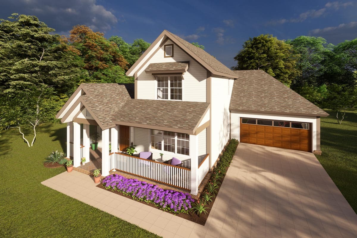 House plan exterior. Two-story Craftsman home with a front porch, gables, and attached garage. Brown roof and siding.