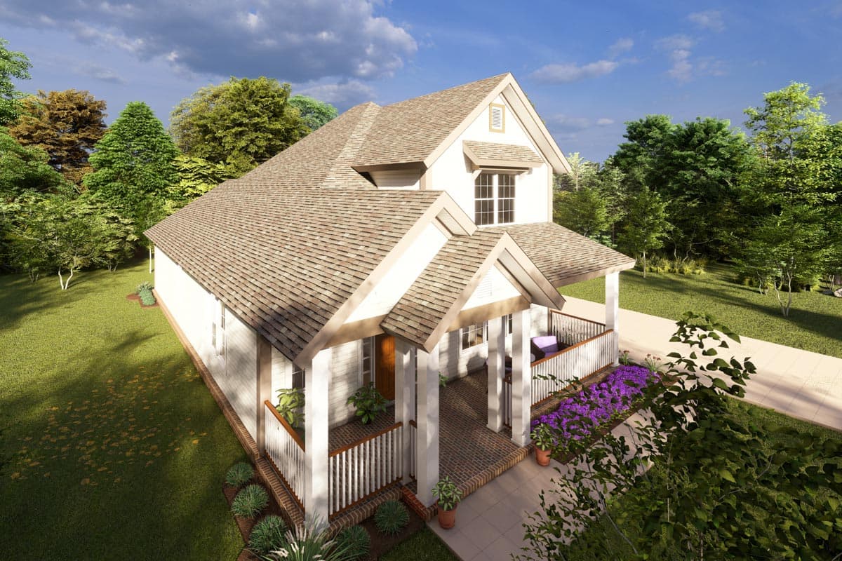 House plan exterior: two-story Modern Farmhouse with wraparound porch, gabled dormer, and steeply pitched rooflines.