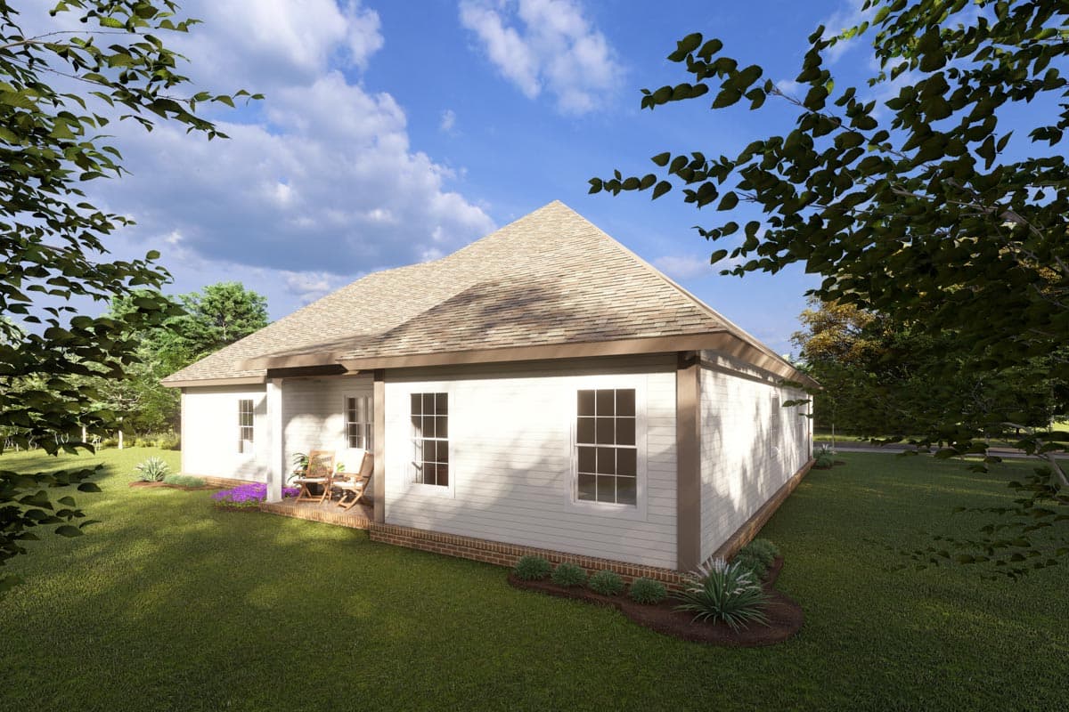 House plan exterior: single-story ranch with a gable roof, covered porch, and double-hung windows.