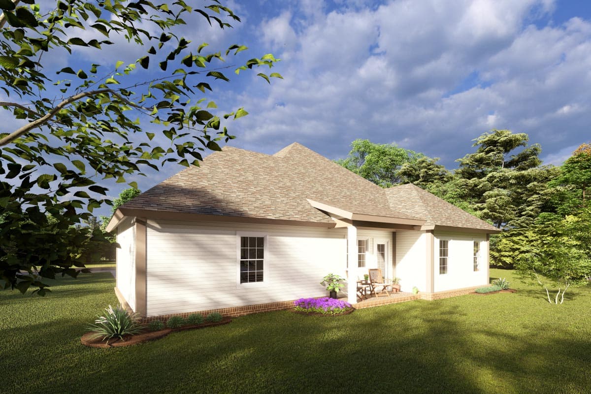 House plan exterior, single-story ranch style with covered porch, gable roof, and white siding.