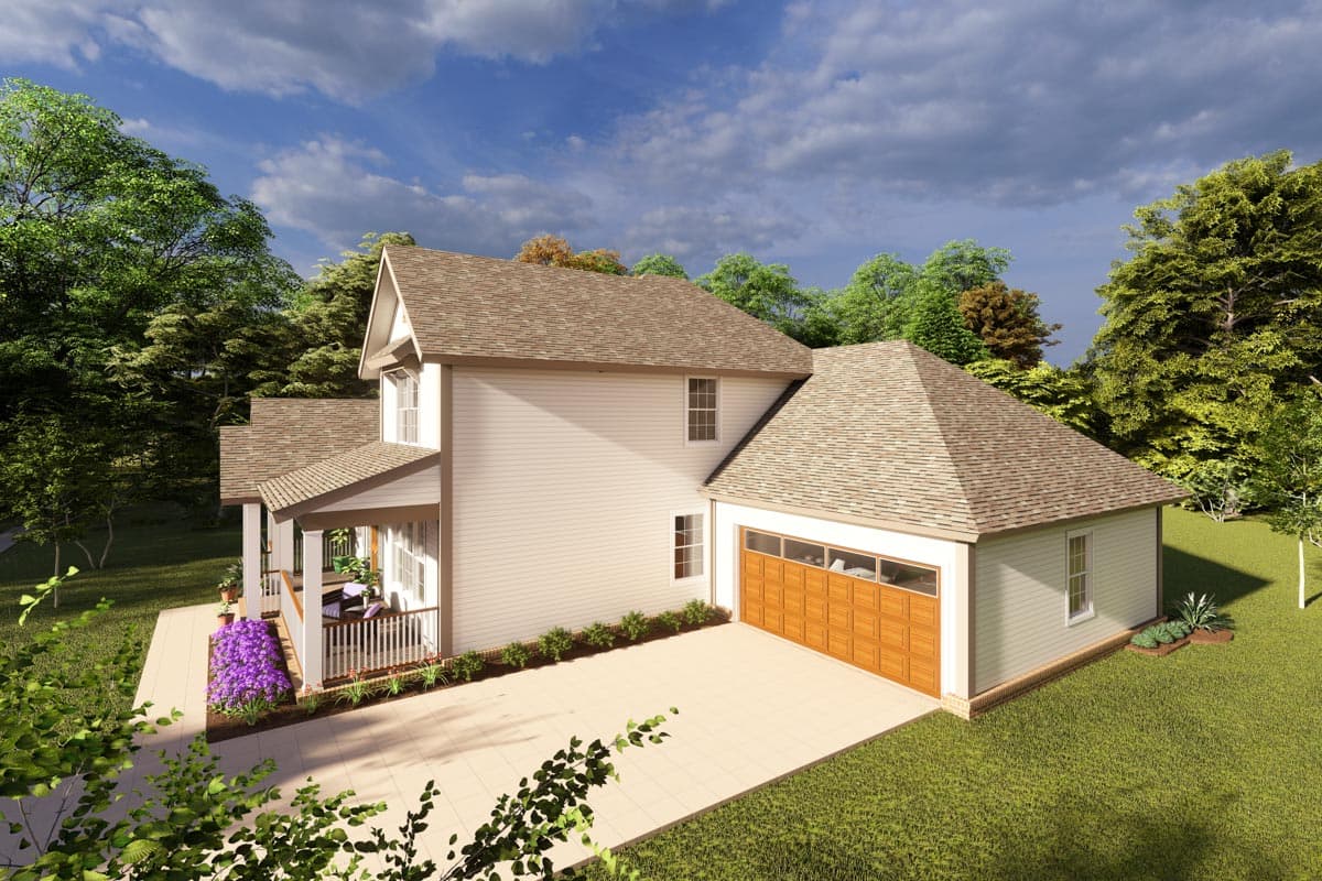 House plan exterior, two stories, gabled roof, covered porch, and attached two-car garage with wood doors.