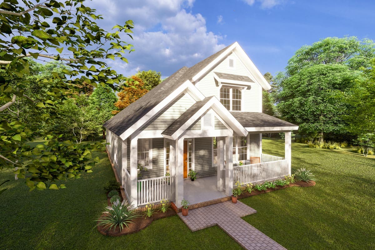 House plan exterior. Two-story farmhouse with front porch, gables, and dormer. Features include a covered porch, white trim, and a brick pathway.
