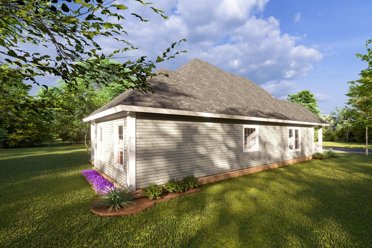 House plan exterior: one-story home with horizontal siding, gable roof, and brick foundation.