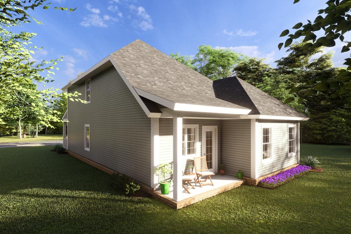 House plan exterior, two stories, gable roof, front porch with two chairs, double doors, and double hung windows.