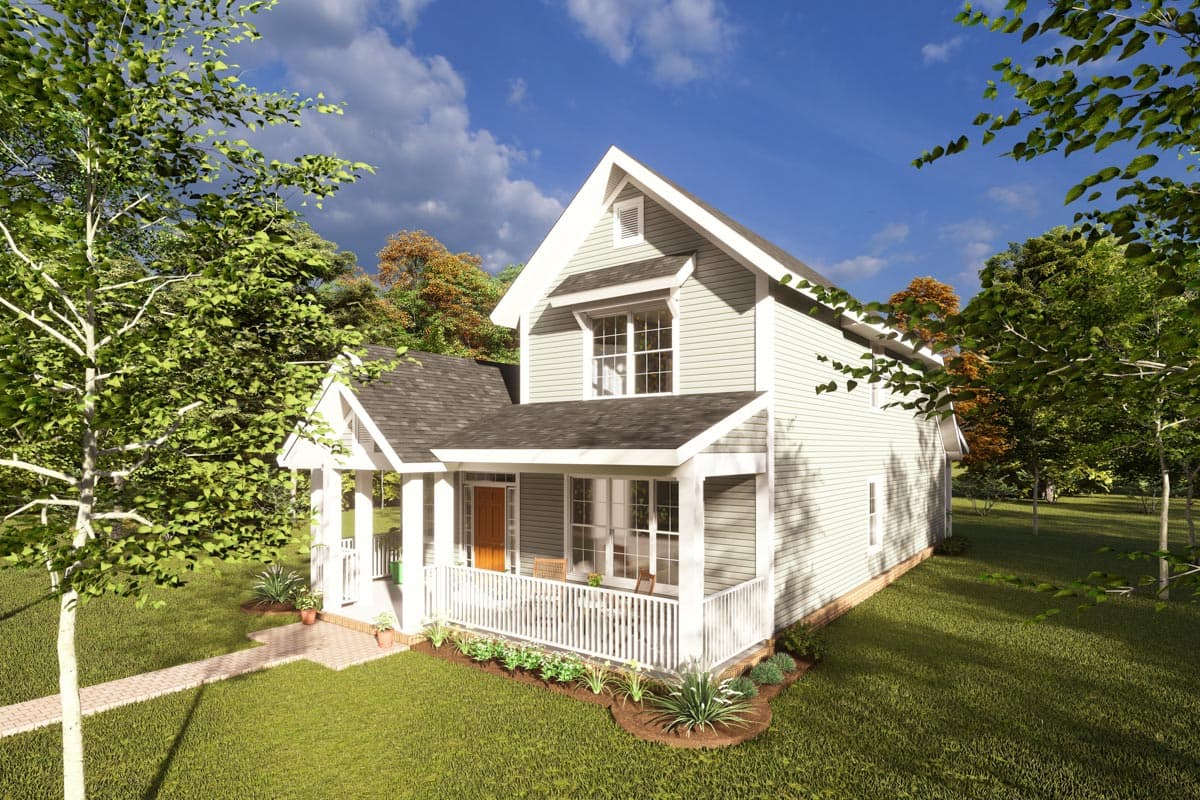 Two-story house plan exterior with gable roof, dormer, and wraparound porch with white railings.