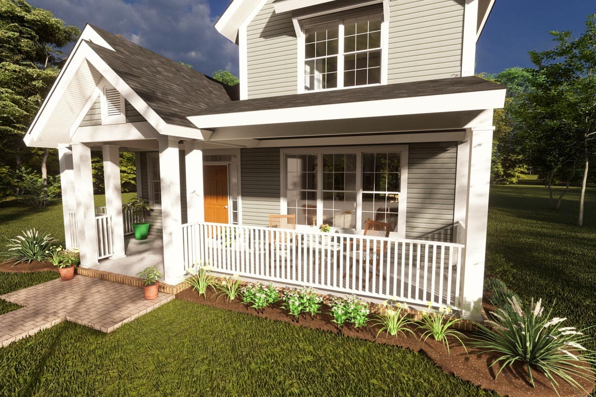 House plan exterior: Two-story home with wraparound porch, gabled dormer, and multi-pane windows.