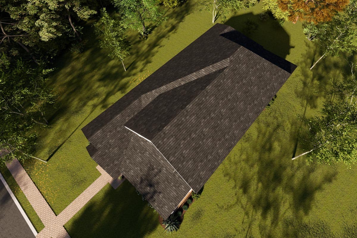 House plan exterior with dark asphalt shingle roof and multiple intersecting gables. Tree shadows cast across lawn.
