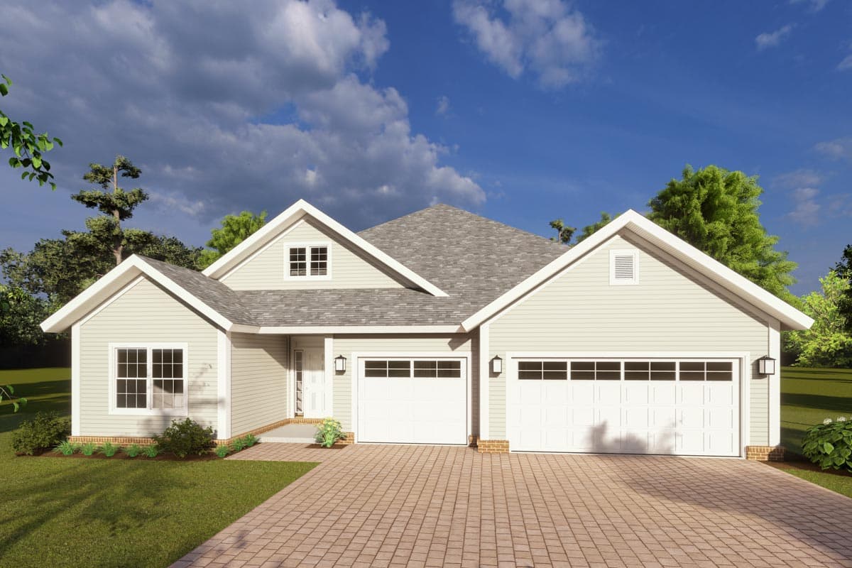 House plan exterior with two-car garage, gable roof, and dormer. Features include symmetrical design, brick accents, and a covered front entry.