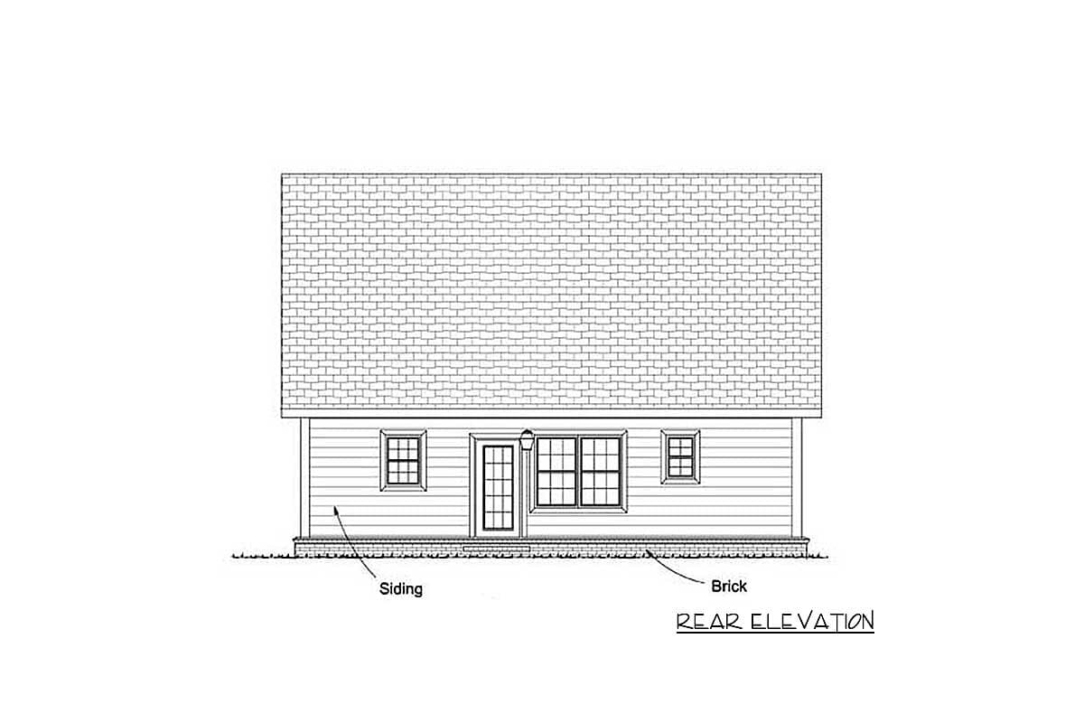 Rear elevation of a house plan featuring siding, a door with windows, and two side windows.