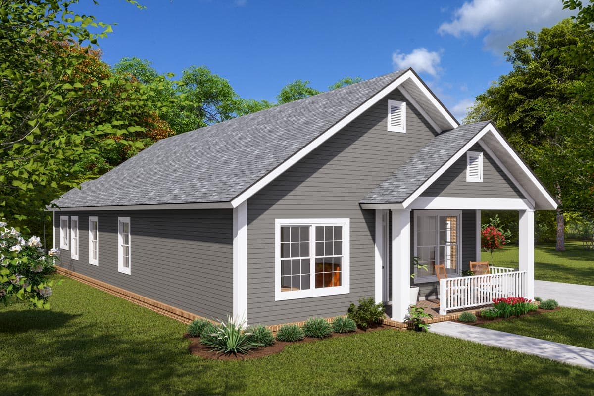 House plan exterior: single-story home with a front porch, gabled roof, and vinyl siding.