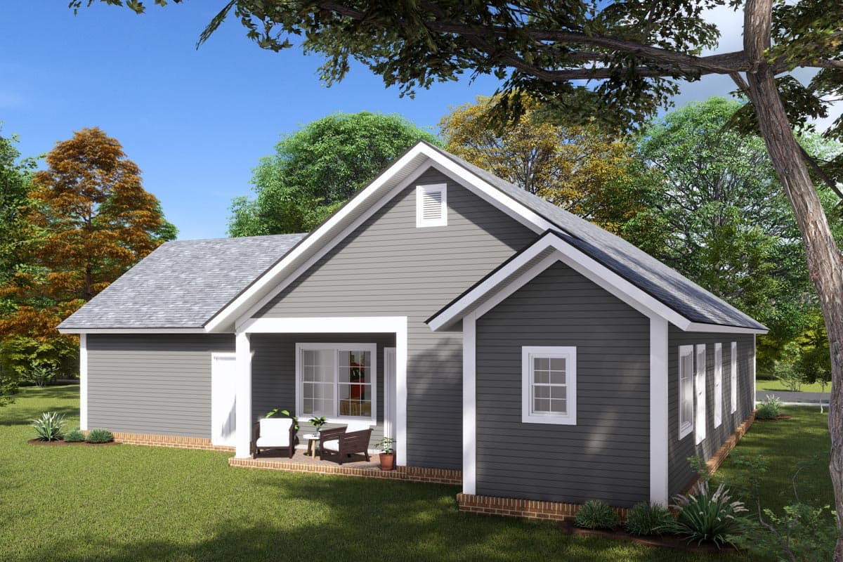 House plan exterior: Single-story Modern Farmhouse with front porch, gable, and vinyl siding.