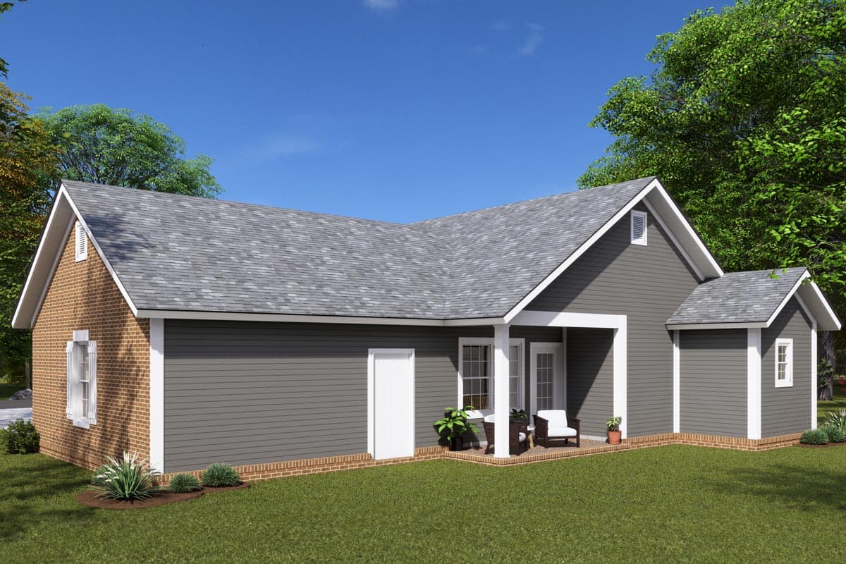 House plan exterior: Ranch style, one story, with gable vents, vinyl siding, and a brick foundation.