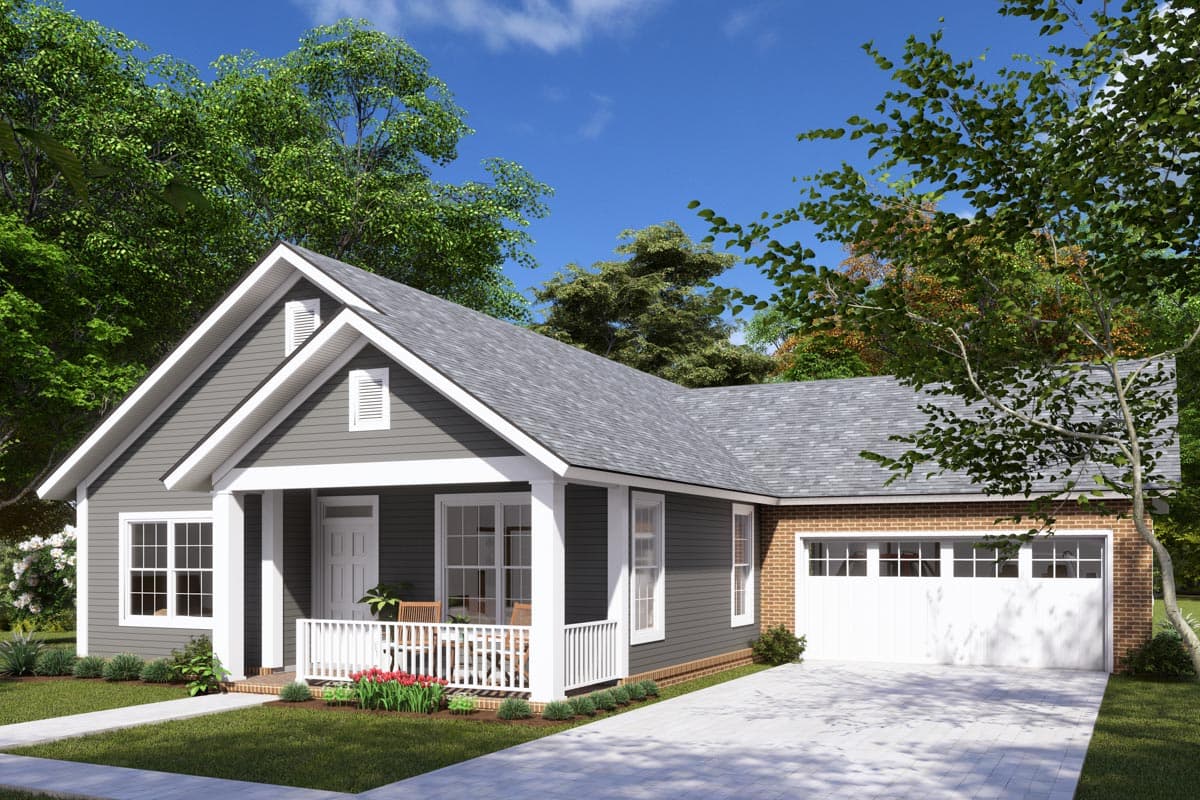 Craftsman-style house plan exterior with a covered front porch, gabled dormer, and attached two-car garage.