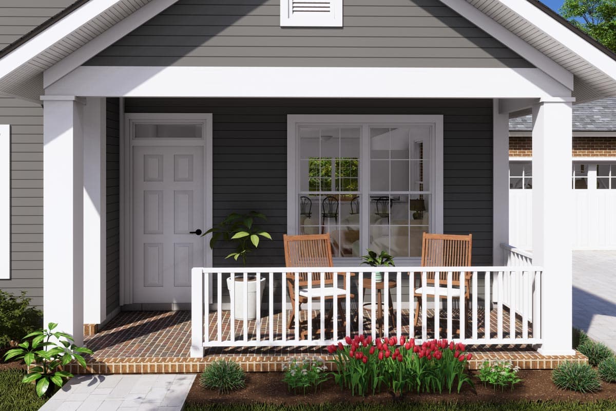 Craftsman style house plan exterior with a covered front porch, white columns, and a six-panel door.
