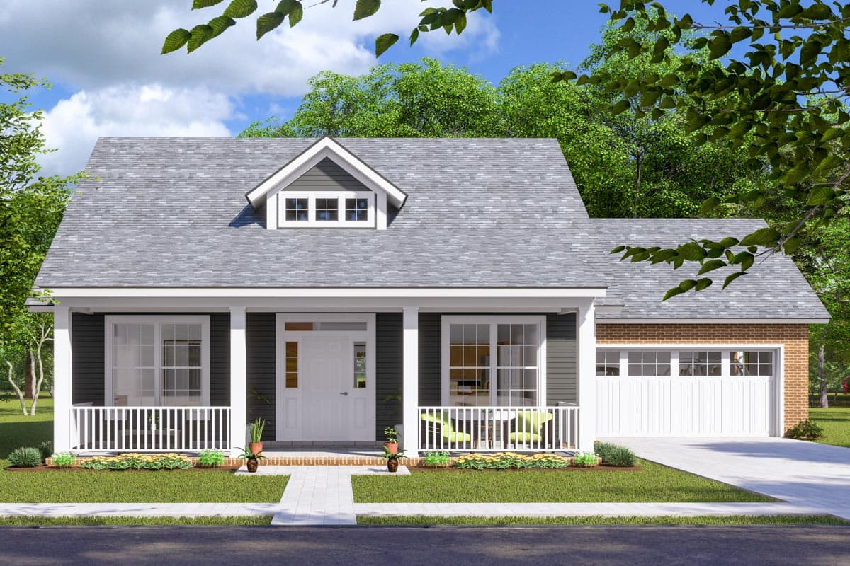House plan exterior with Craftsman style, single story, front porch with columns, a dormer, and attached garage with brick facade.