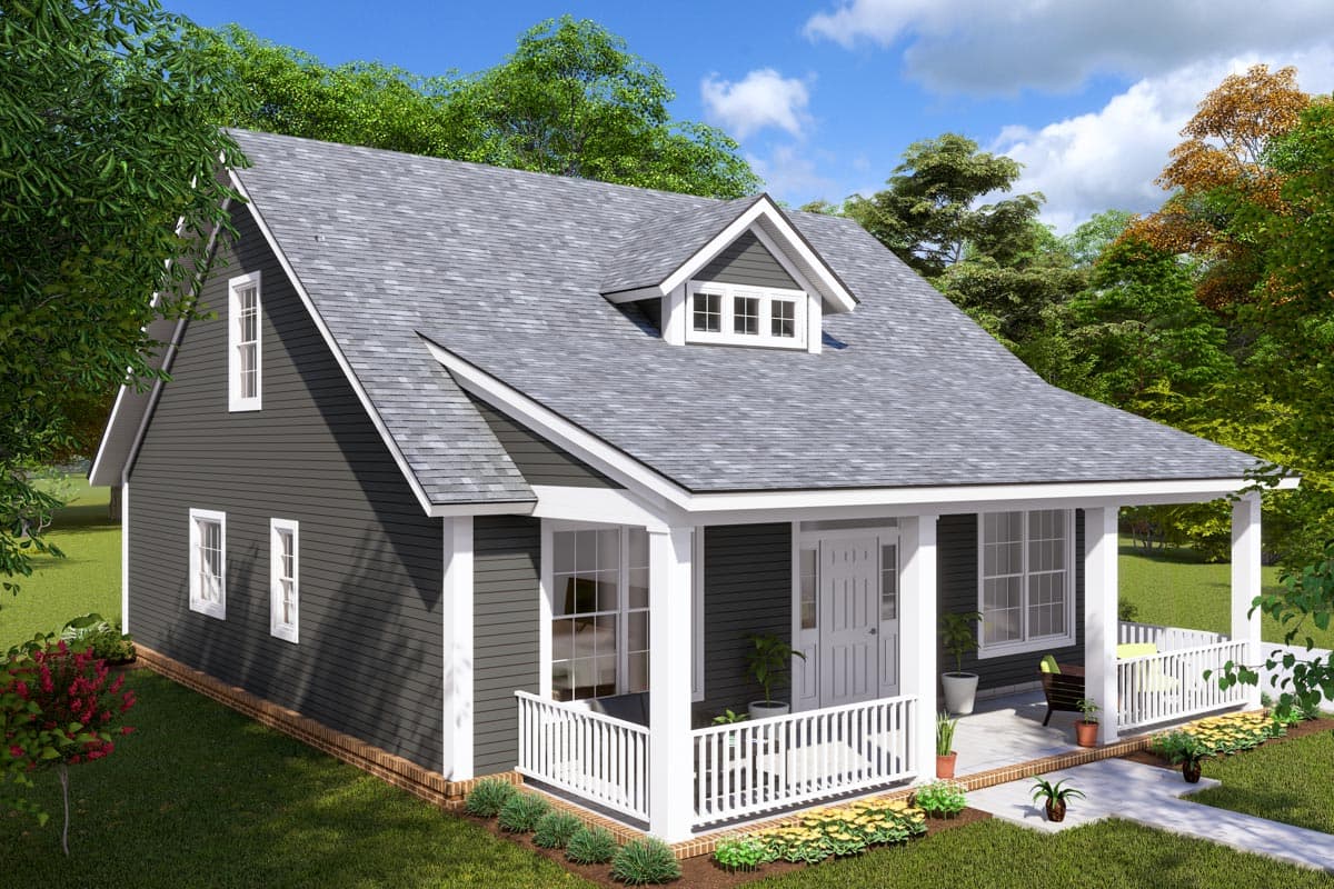 House plan exterior: Gable roof, dormer window, and covered front porch with white railings.