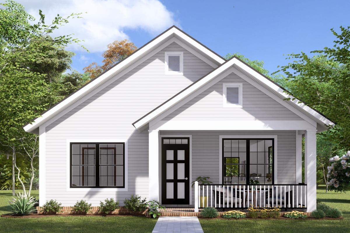 House plan exterior. One-story Craftsman home with a front porch, gabled roof, and two dormers. Siding is light gray.