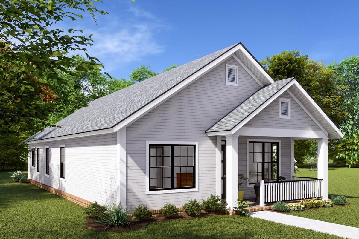 One-story Modern Farmhouse plan exterior with a gabled front porch, light gray siding, and dormer windows.