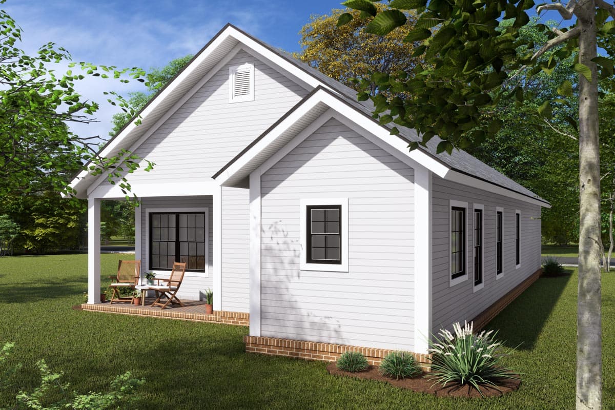 House plan exterior: One-story Modern Farmhouse with gable roof, front porch, and multiple windows.