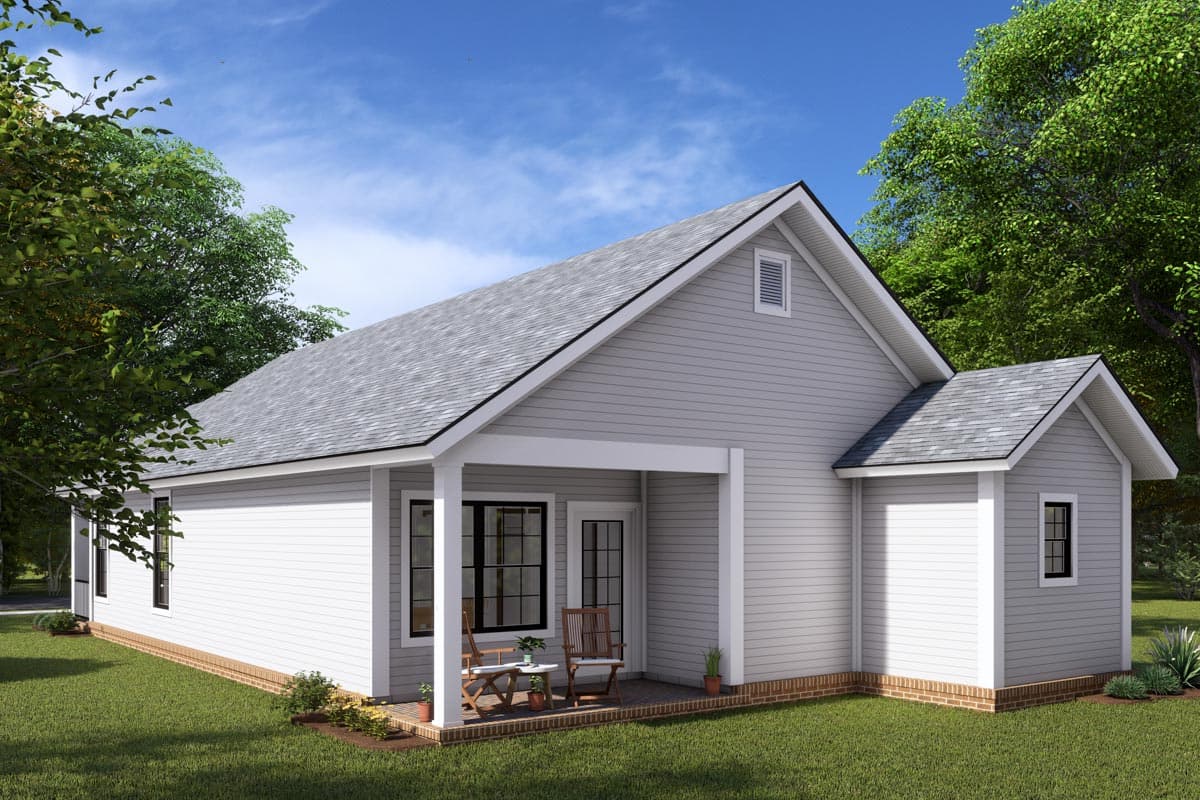 House plan exterior: Single-story home with covered porch, gable roof, and horizontal siding.