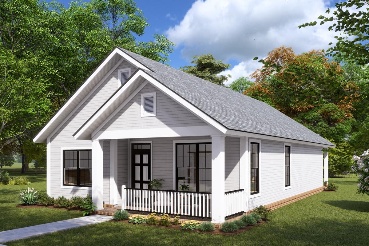 House plan exterior: one-story bungalow with gabled dormers, covered front porch with white railings, and board and batten siding.