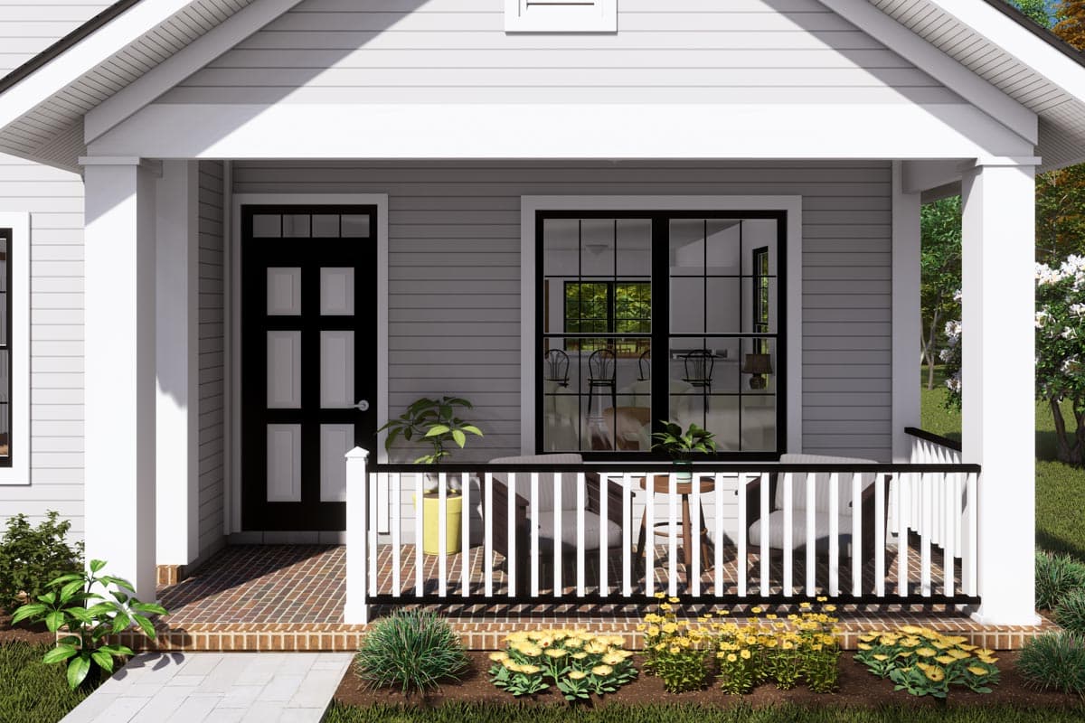 House plan exterior: Gable roof, front porch with white railing, and black paneled door.