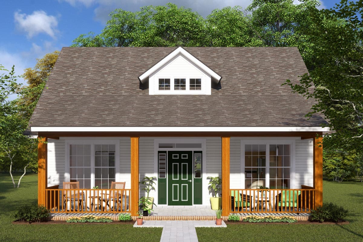 House plan exterior: One-story Modern Farmhouse with front porch, gables, and dormer.