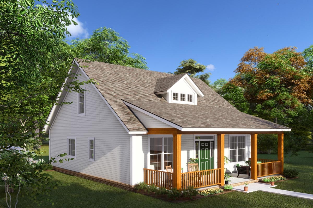 House plan exterior of a two-story Modern Farmhouse with a covered front porch, dormer, and gabled roof.