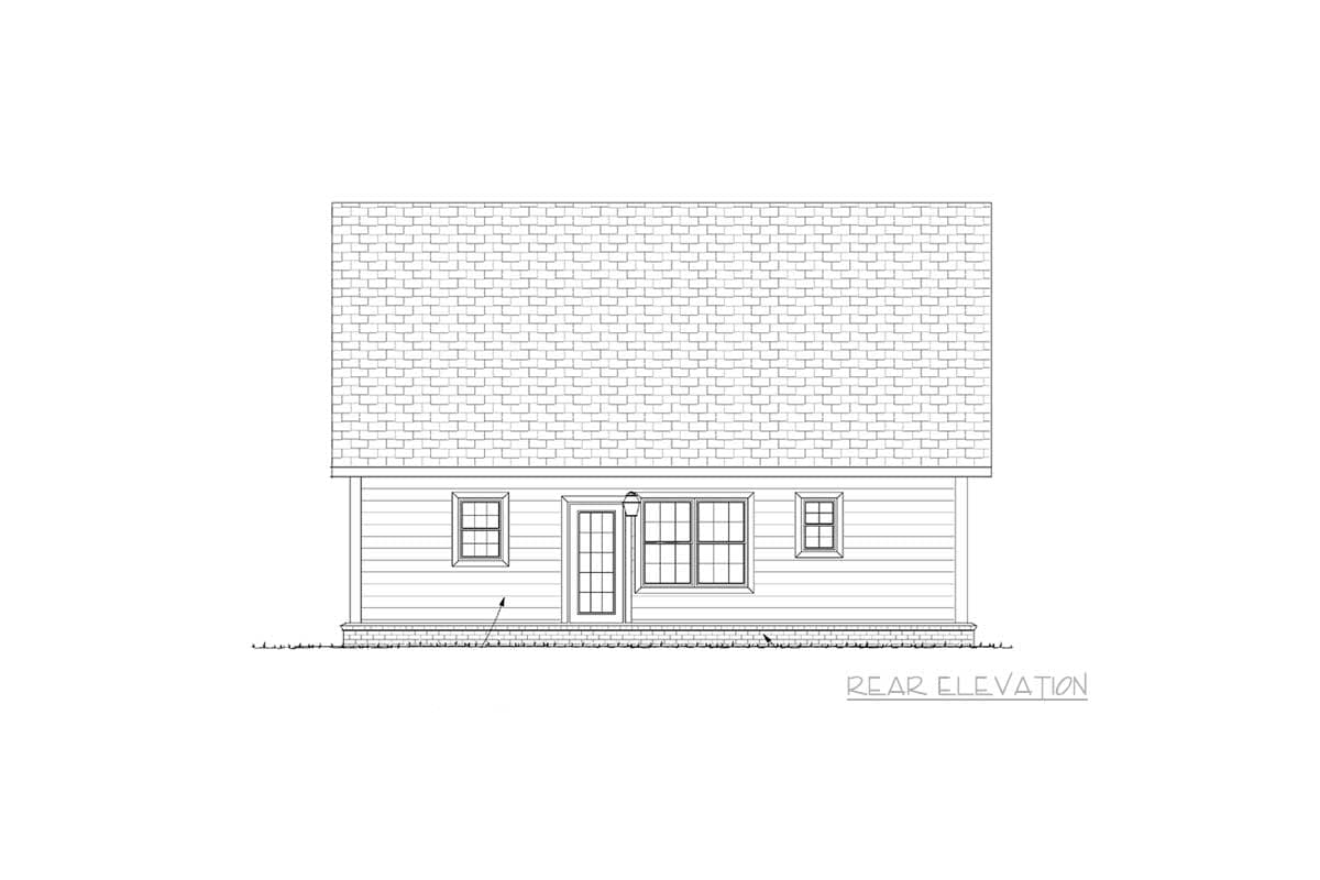 Rear elevation house plan drawing showing a single-story home with a shingled roof, lap siding, one door, and three windows.