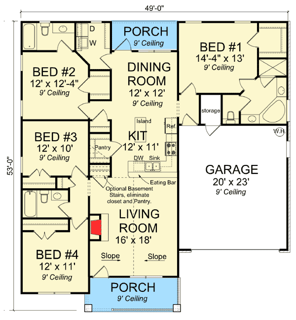Plan 52255WM: 4 Bedroom Country House Plan with Options - 1694 Sq Ft - Floor Plan - Main Level - Southern, Traditional