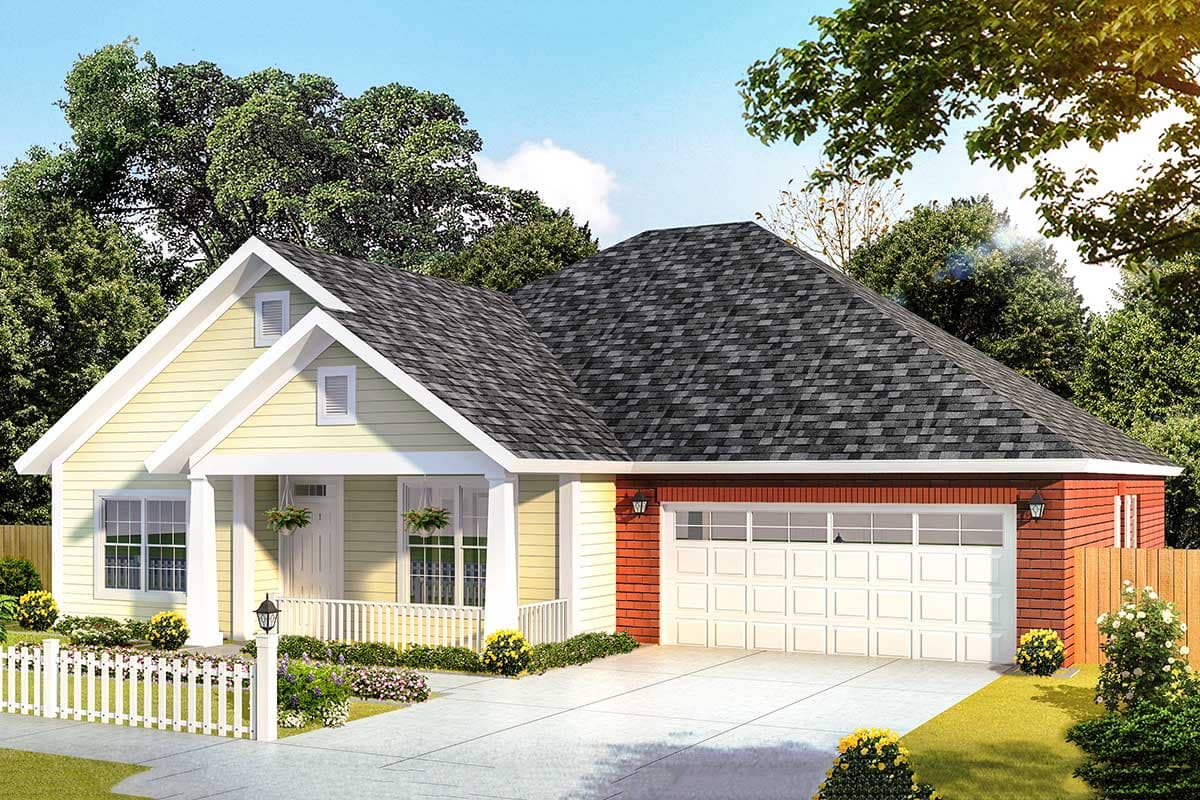 House plan exterior: Single-story Modern Farmhouse with front-facing gables, covered porch, and attached two-car garage.