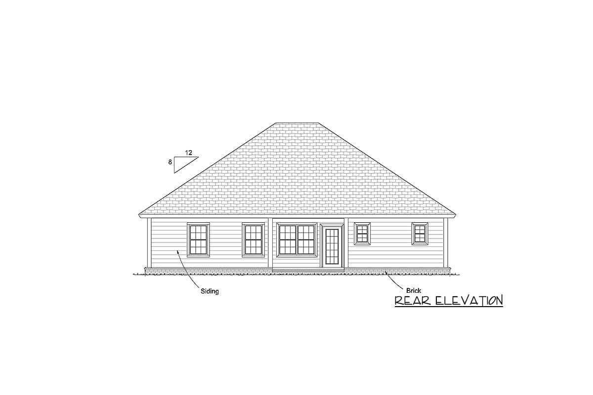 Rear elevation drawing of a single-story house with siding, multiple windows, and a gabled roof.