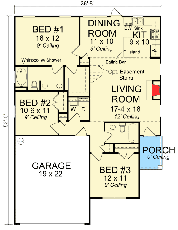 Plan 52258WM: Three Bedroom Cottage House Plan - 1288 Sq Ft - Floor Plan - Main Level - Cape Cod, Cottage