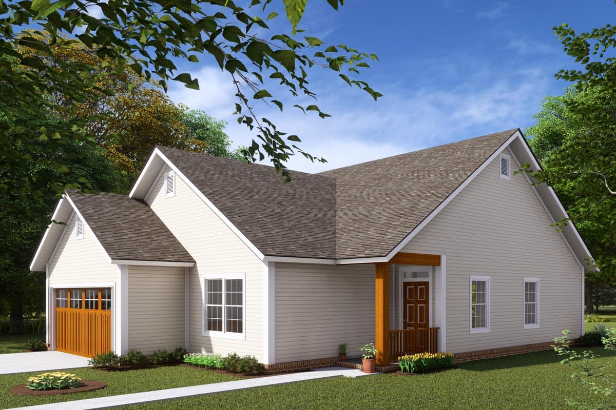 House plan exterior featuring a single-story Modern Farmhouse style with a gabled roof, attached garage, and front porch.