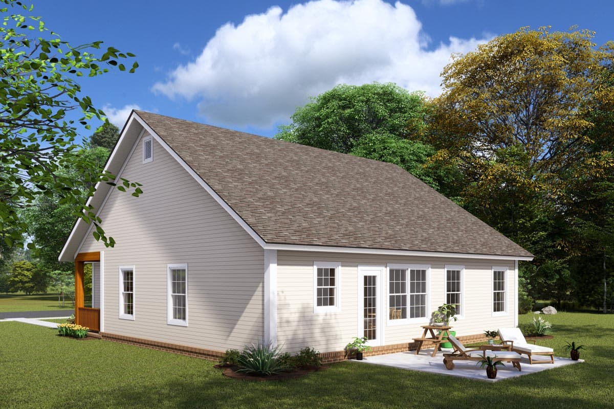House plan exterior: one-story Modern Farmhouse with gable roof, front-facing gable, wood porch posts, and a wall of windows.