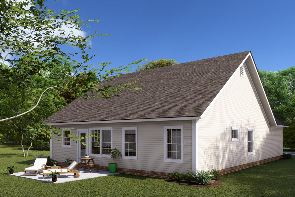 Ranch house plan exterior, one story, with a gabled roof, multiple windows, and a patio.