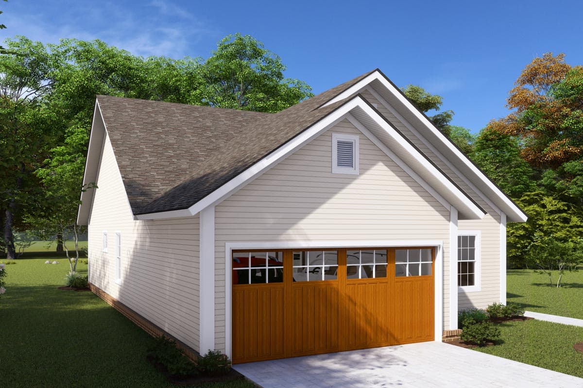 House plan exterior for a one-story garage with a gable roof, paneled garage door with windows, and white trim.