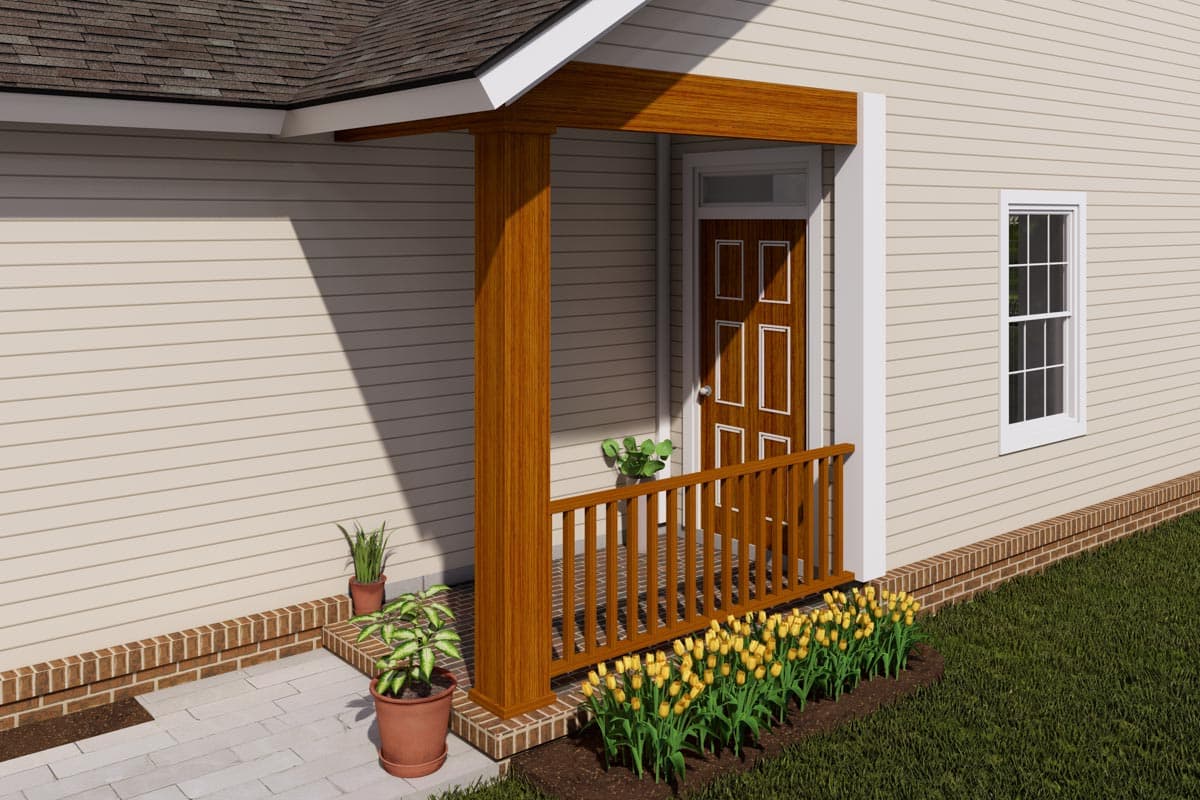 House plan exterior showing a covered porch with wood columns, railing, a paneled door, and a single-hung window.