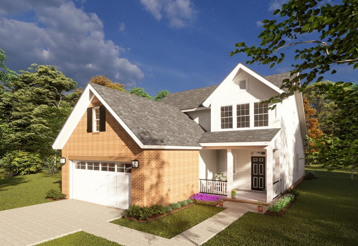 House plan exterior: Two-story Modern Farmhouse with brick garage, gabled dormer, covered porch, and double front door.