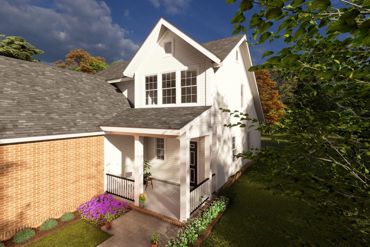 House plan exterior: Two-story Modern Farmhouse with brick lower level, gabled dormer, and covered front porch with white railings.