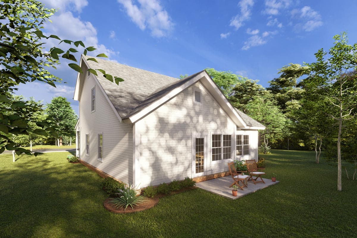 House plan exterior: white sided two-story home with gabled dormer, multiple windows, and rear patio.