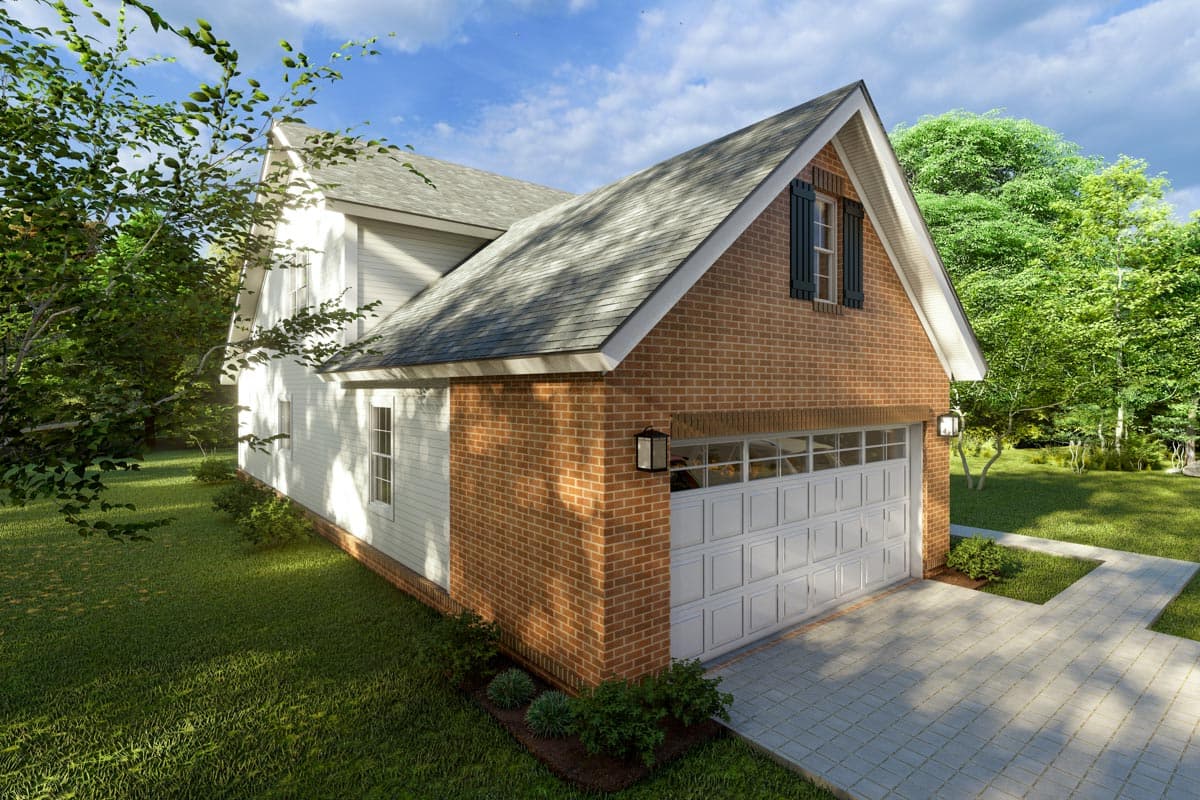 House plan exterior: Two-story home with brick lower level, white siding upper level, gabled dormer with shutters, and multi-panel garage door.
