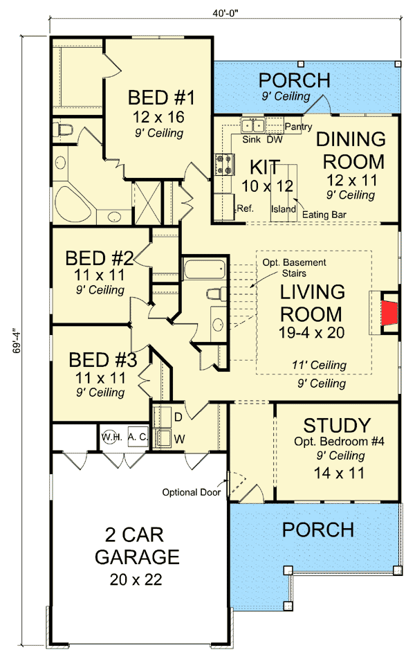 Plan 52262WM: One-Story Country House Plan with Fourth Bedroom or Study - 1780 Sq Ft - Floor Plan - Main Level - Cottage, Country, Ranch